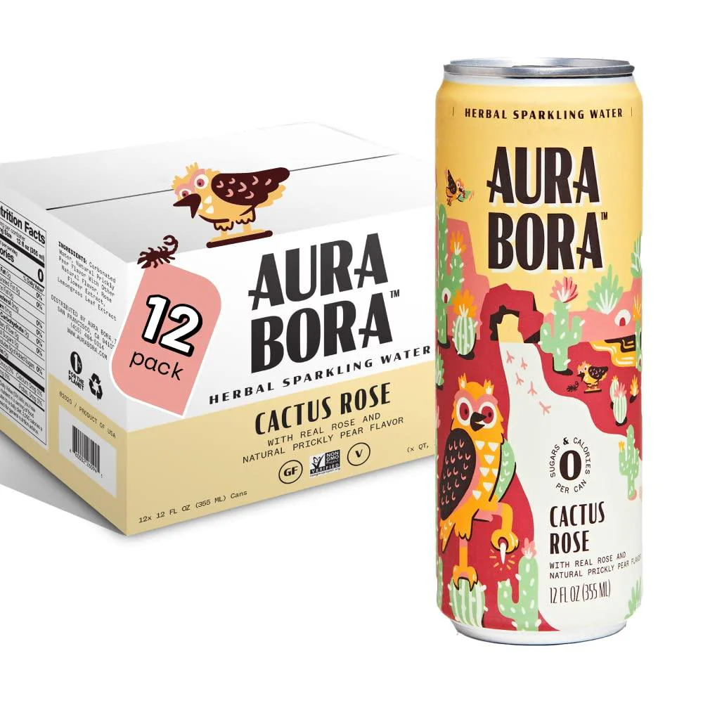 Aura Bora Herbal Sparkling Water, Cactus Rose, 12oz (Pack of 12)