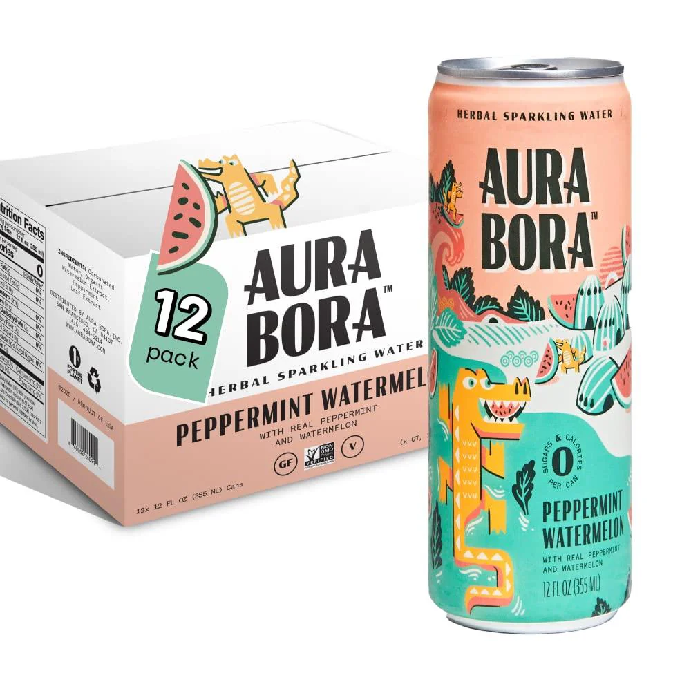 Aura Bora Herbal Sparkling Water, Peppermint Watermelon, 12oz (Pack of 12)