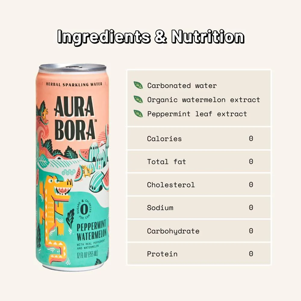 Aura Bora Herbal Sparkling Water, Peppermint Watermelon, 12oz (Pack of 12) - Image 2