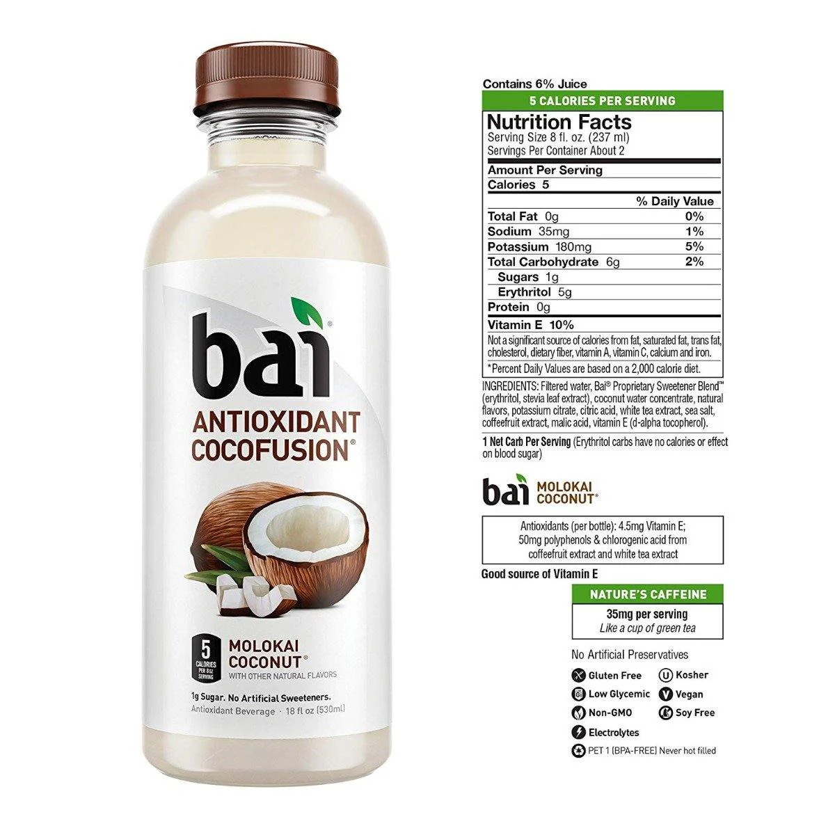 Bai Coconut Flavored Water, Molokai Coconut, Antioxidant Infused Drinks, 18 fl oz (Pack of 12) - Image 2