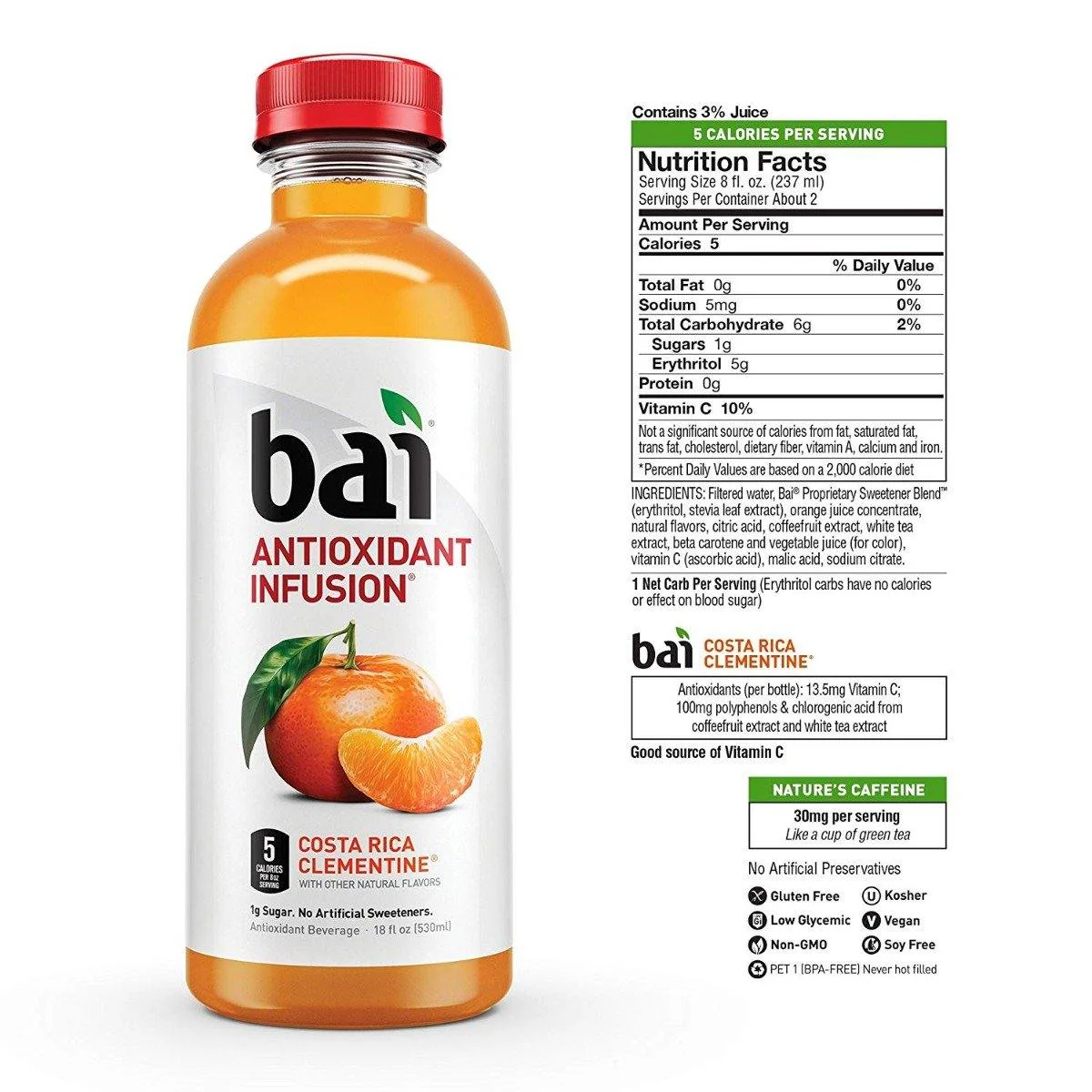 Bai Flavored Water, Costa Rica Clementine, Antioxidant Infused Drinks, 18 fl oz (Pack of 12) - Image 2