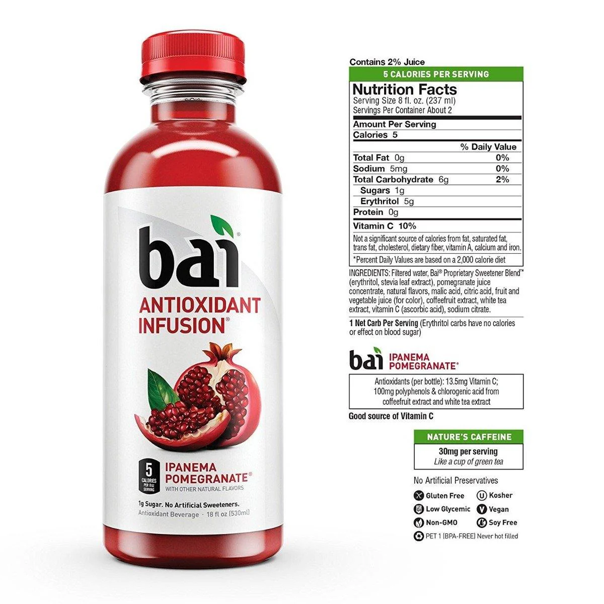 Bai Flavored Water, Ipanema Pomegranate, Antioxidant Infused Drinks, 18 fl oz (Pack of 12) - Image 2