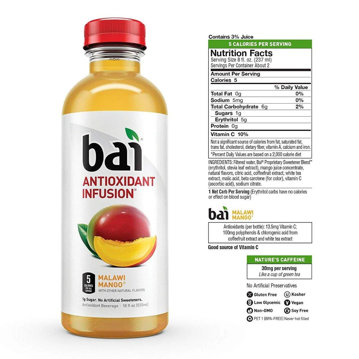 Bai Flavored Water, Malawi Mango, Antioxidant Infused Drinks, 18 fl oz (Pack of 12) - Image 2