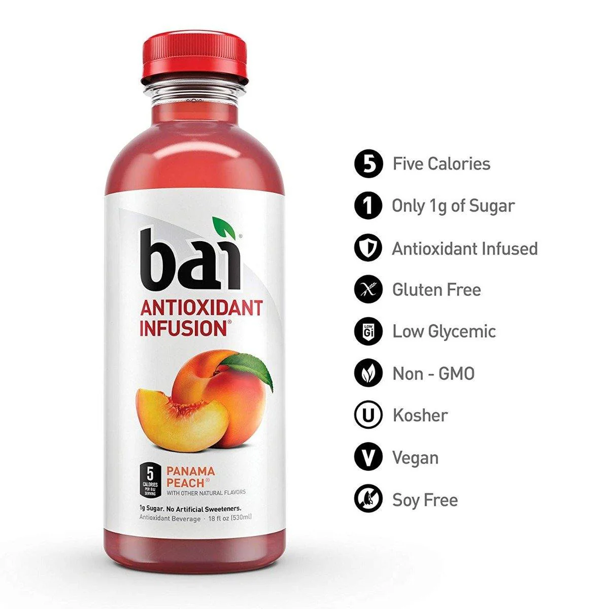 Bai Flavored Water, Panama Peach, Antioxidant Infused Drinks, 18 fl oz (Pack of 12) - Image 3