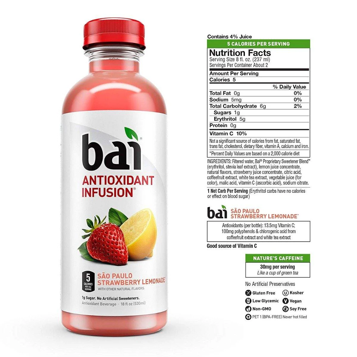 Bai Flavored Water, São Paulo Strawberry Lemonade, Antioxidant Infused Drinks, 18 fl oz (Pack of 12) - Image 2