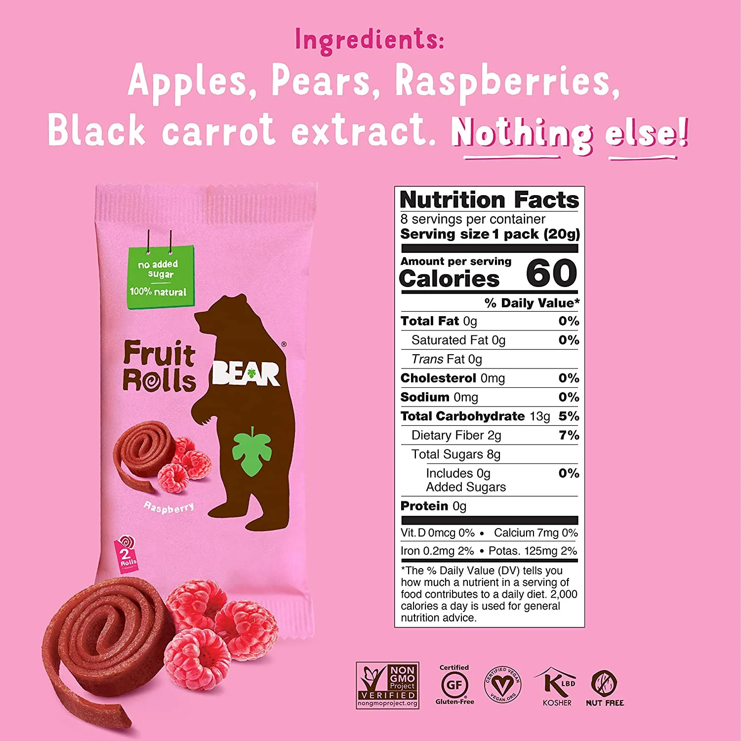 BEAR Real Fruit Snack Rolls, Raspberry, 0.7oz (Pack of 12) - Image 2