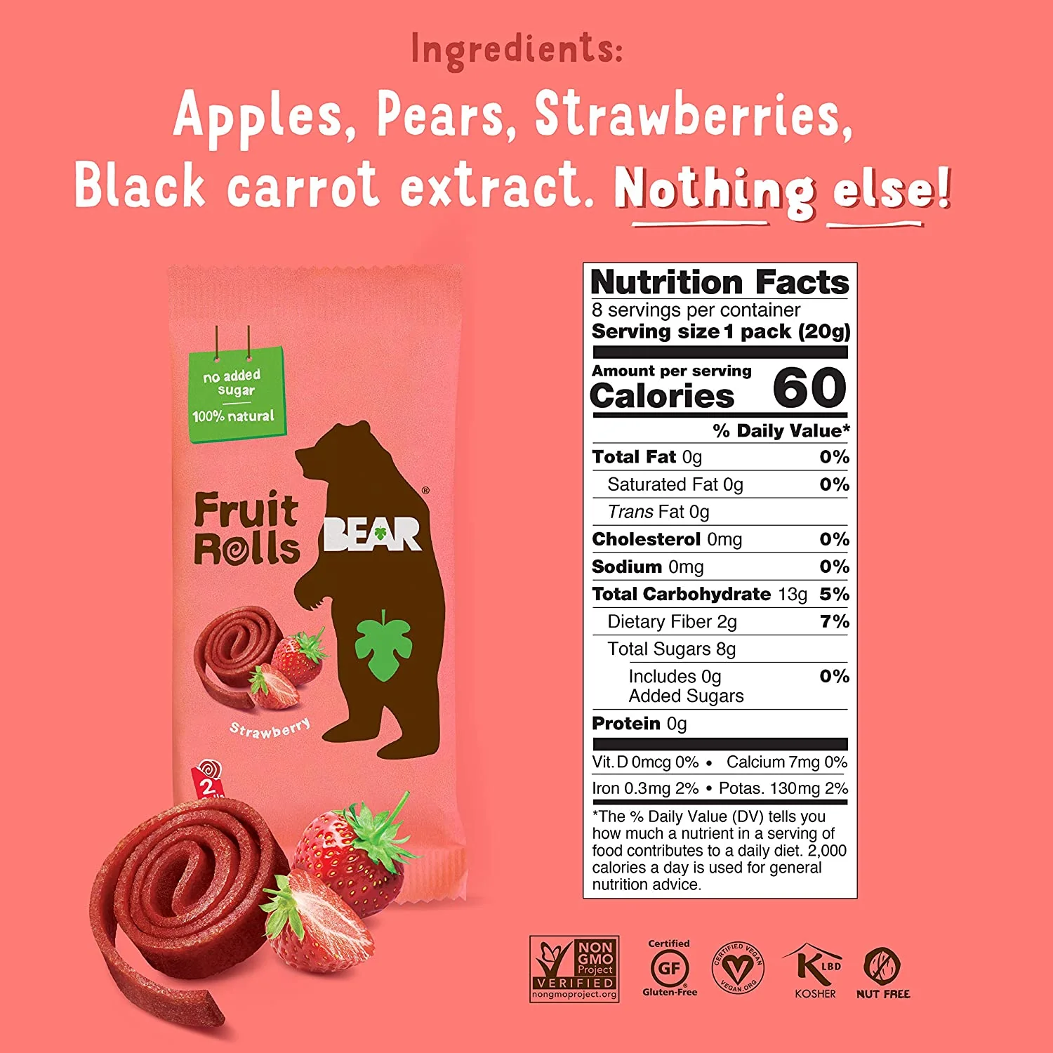 BEAR Real Fruit Snack Rolls, Strawberry, 0.7oz (Pack of 12) - Image 2