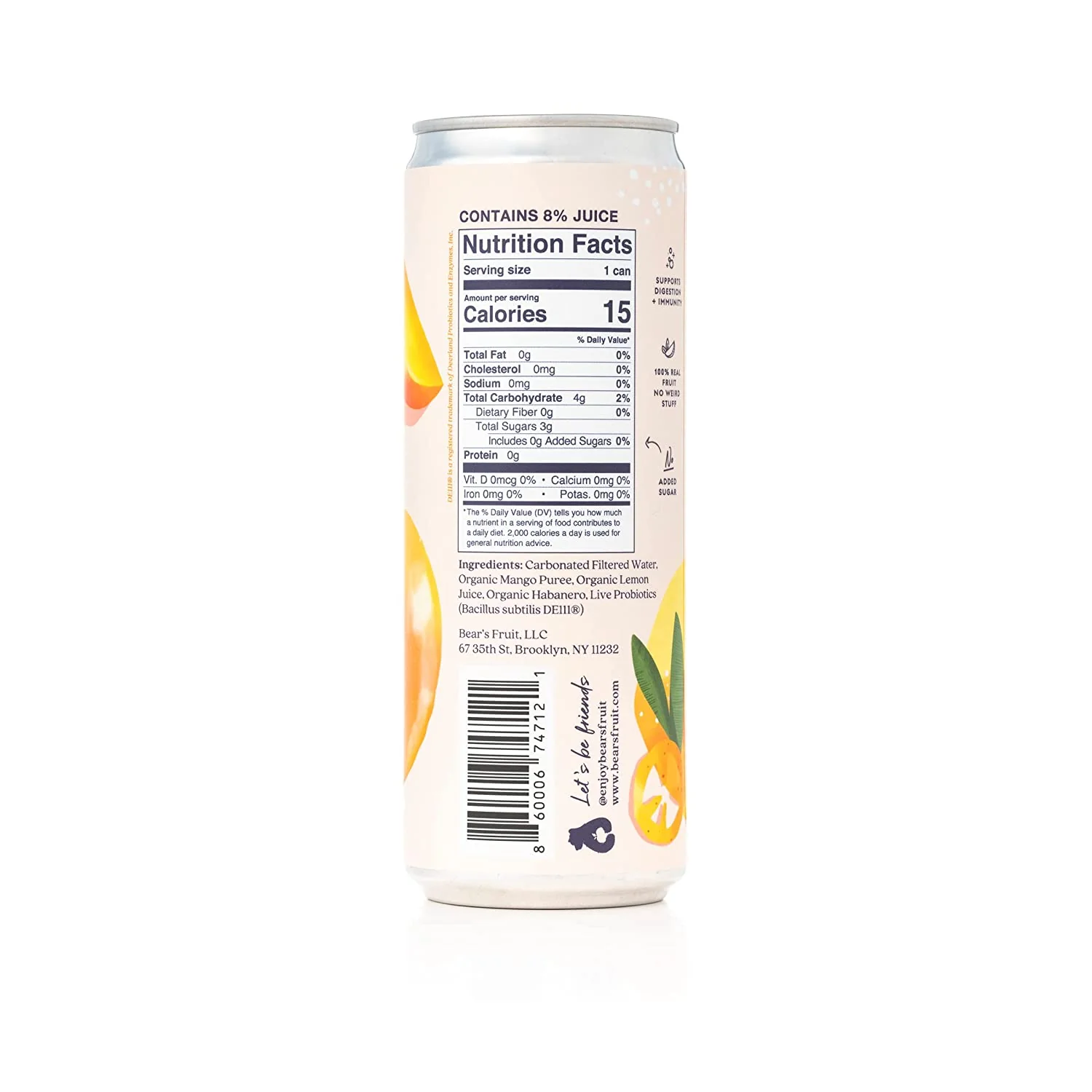Bear's Fruit Sparkling Water with Probiotics, Mango Habanero, 12oz (Pack of 12) - Image 2