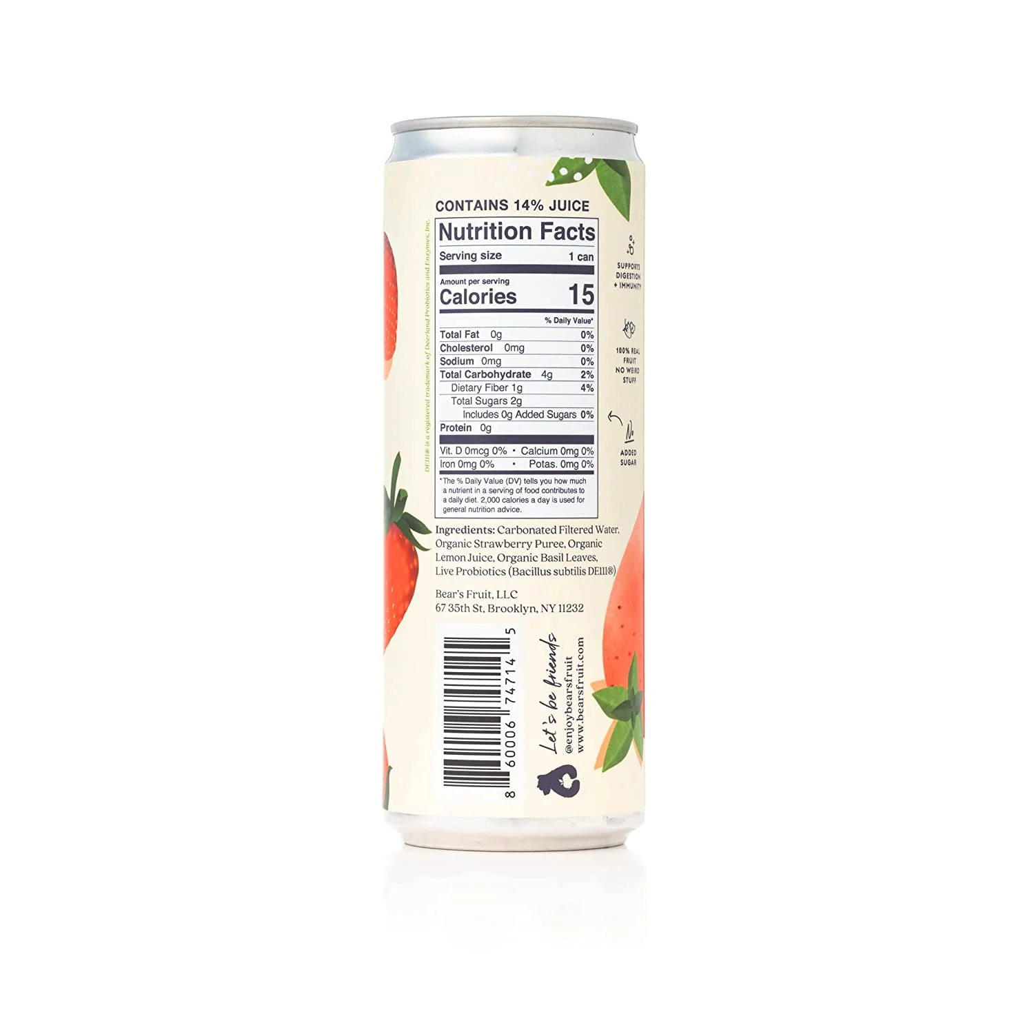 Bear's Fruit Sparkling Water with Probiotics, Strawberry Basil, 12oz (Pack of 12) - Image 2