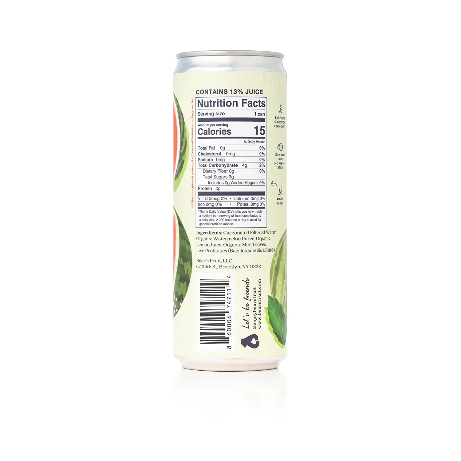 Bear's Fruit Sparkling Water with Probiotics, Watermelon Mint, 12oz (Pack of 12) - Image 2