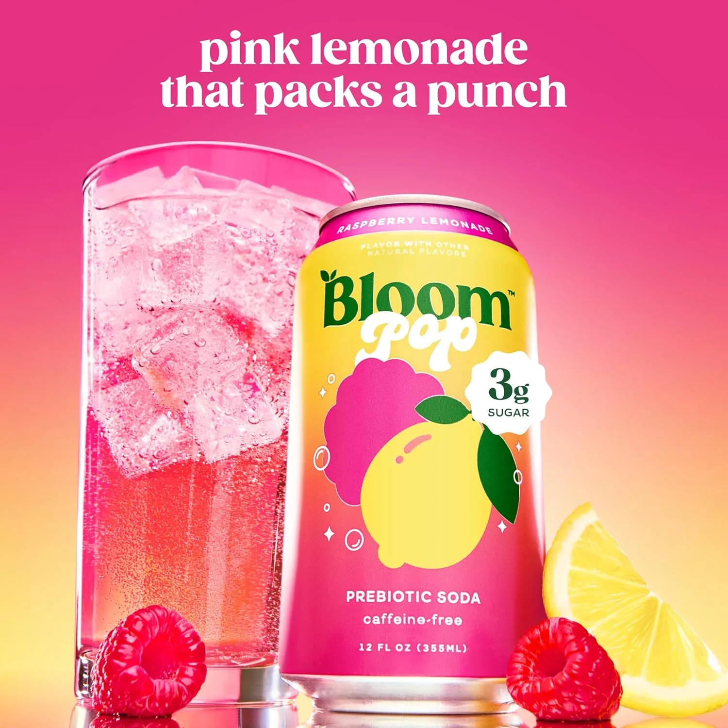Bloom Pop Prebiotic Soda, Raspberry Lemonade, 12oz (Pack of 12) - Image 4