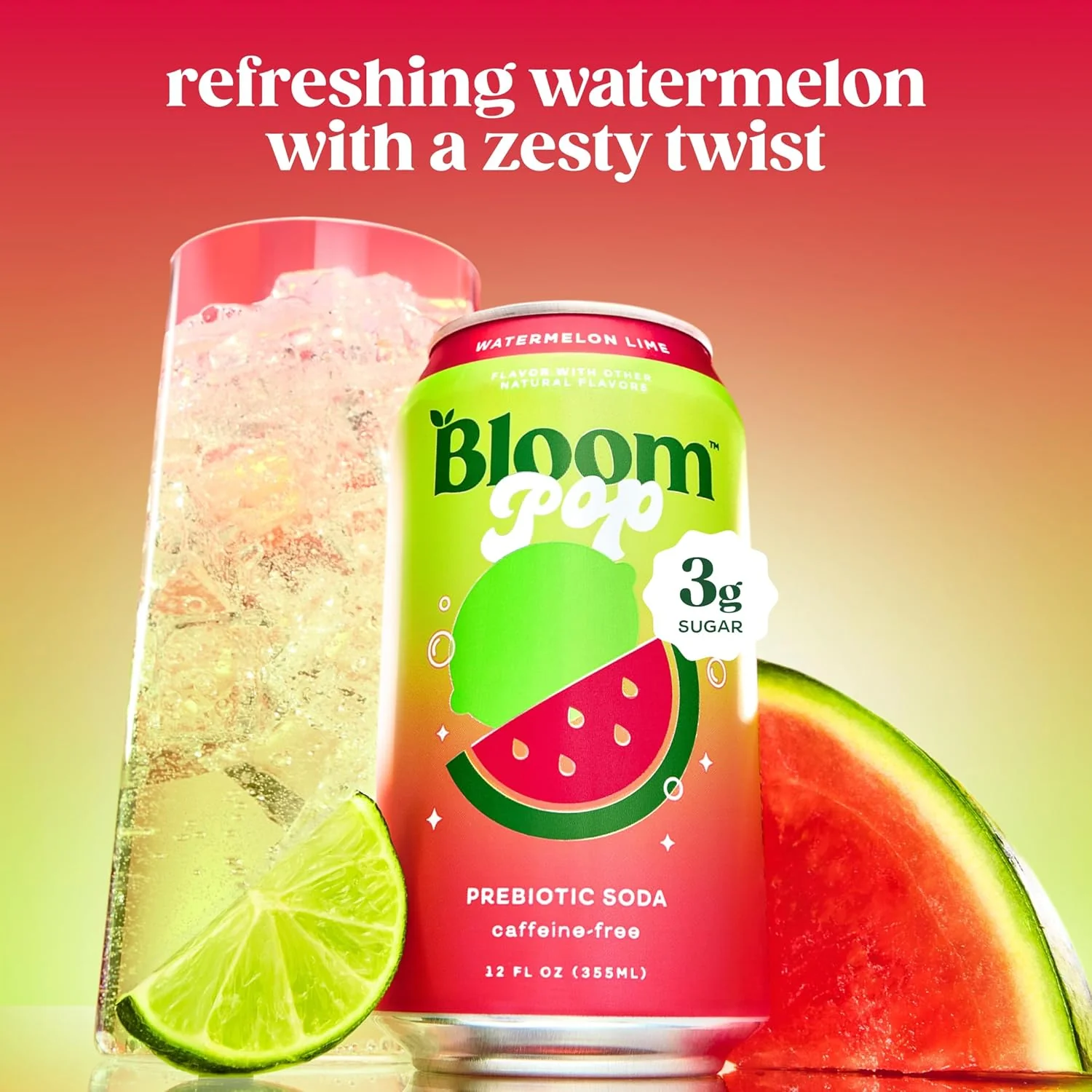 Bloom Pop Prebiotic Soda, Watermelon Lime, 12oz (Pack of 12) - Image 4