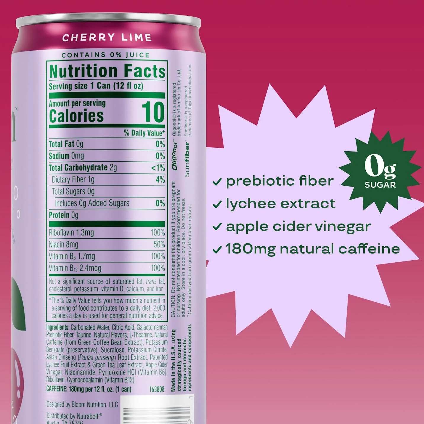 Bloom Sparkling Energy Drink, Cherry Lime, 12oz (Pack of 12) - Image 2