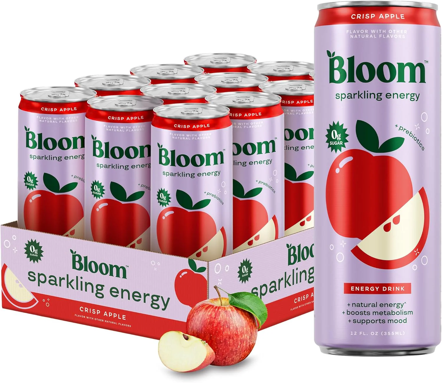 Bloom Sparkling Energy Drink, Crisp Apple, 12oz (Pack of 12)