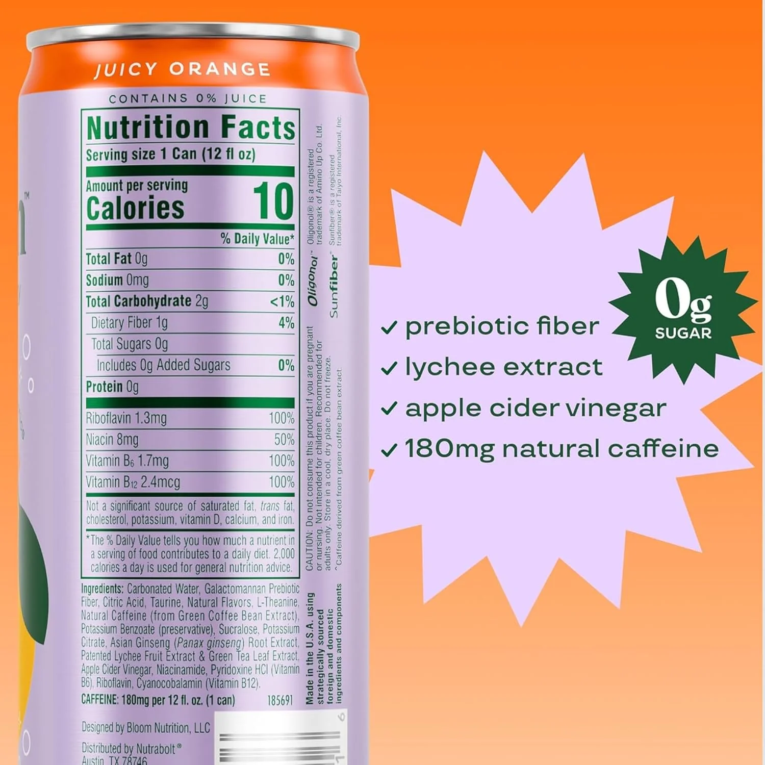 Bloom Sparkling Energy Drink, Juicy Orange, 12oz (Pack of 12) - Image 2