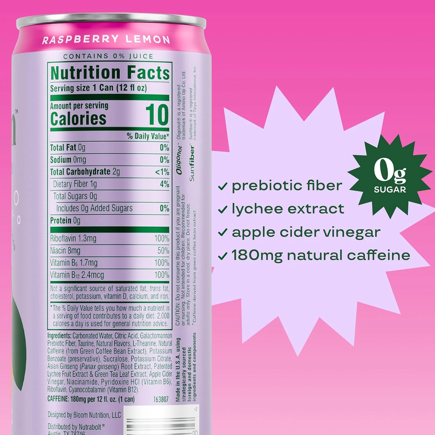 Bloom Sparkling Energy Drink, Raspberry Lemon, 12oz (Pack of 12) - Image 3