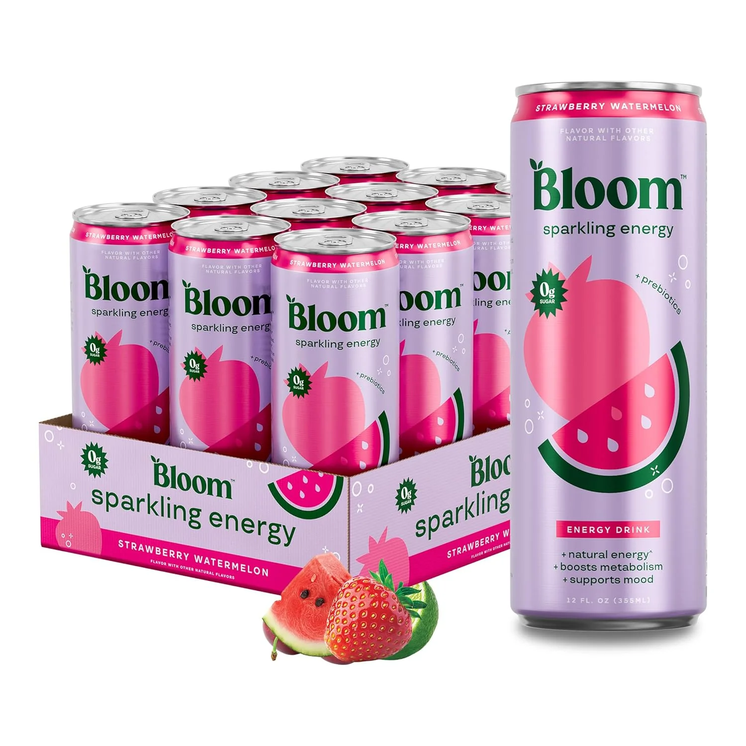 Bloom Sparkling Energy Drink, Strawberry Watermelon, 12oz (Pack of 12)