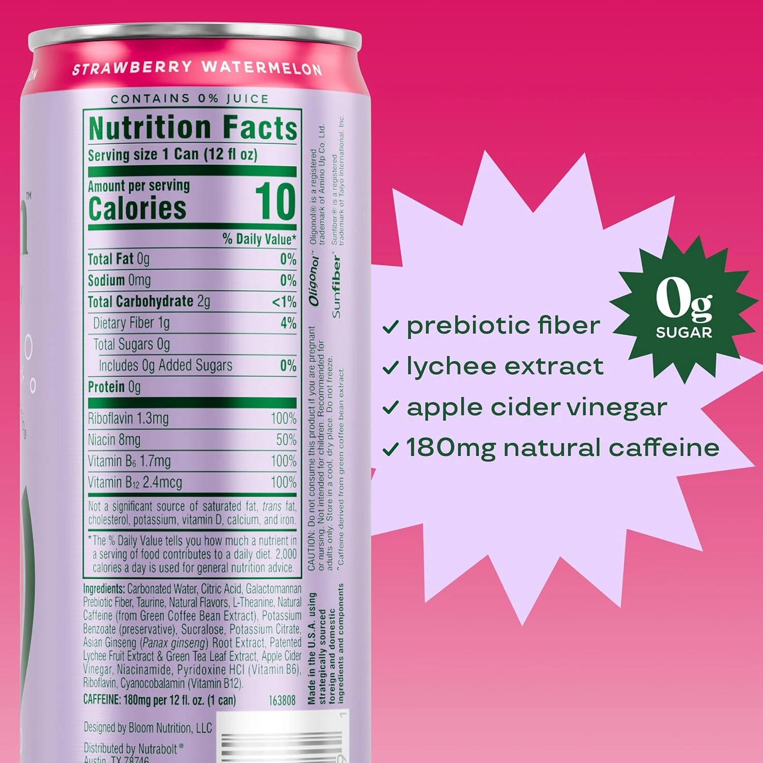 Bloom Sparkling Energy Drink, Strawberry Watermelon, 12oz (Pack of 12) - Image 3