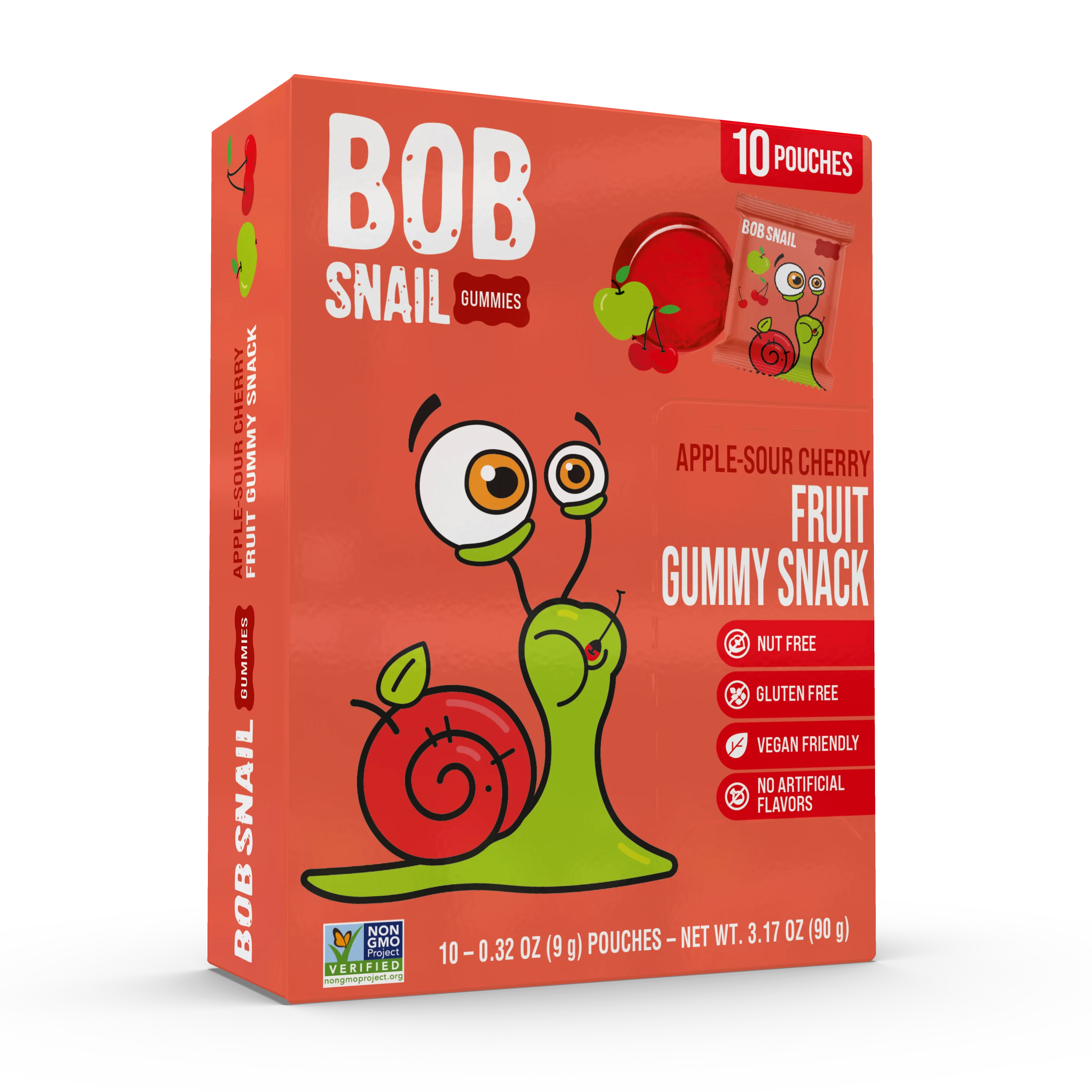 BOB SNAIL Fruit Gummy Snack, Apple Sour Cherry, 0.32oz - 10 Pouches Per Box