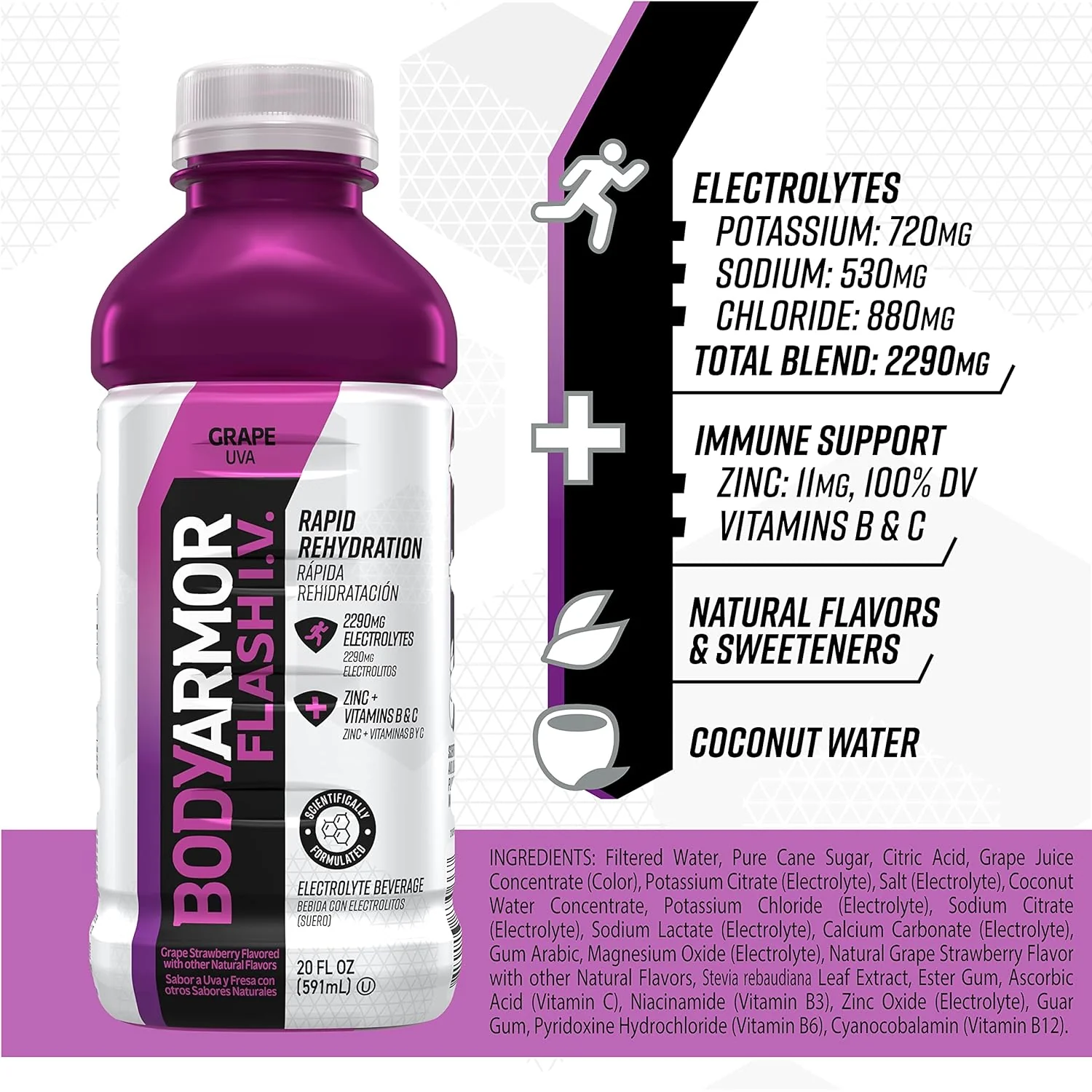 BodyArmor Flash I.V. Rapid Rehydration Electrolyte Beverage, Grape, 20oz (Pack of 12) - Image 3