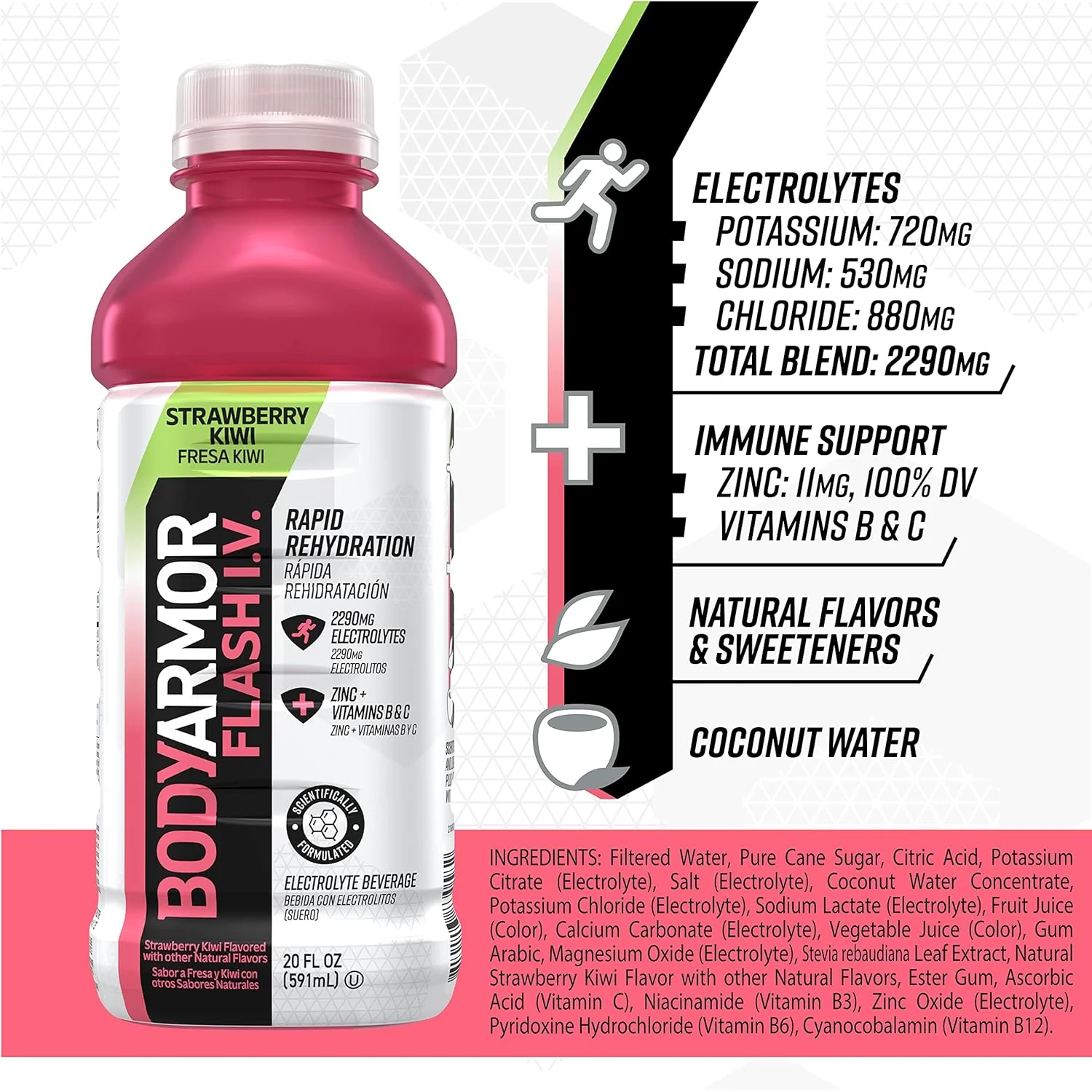 BodyArmor Flash I.V. Rapid Rehydration Electrolyte Beverage, Strawberry Kiwi, 20oz (Pack of 12) - Image 4