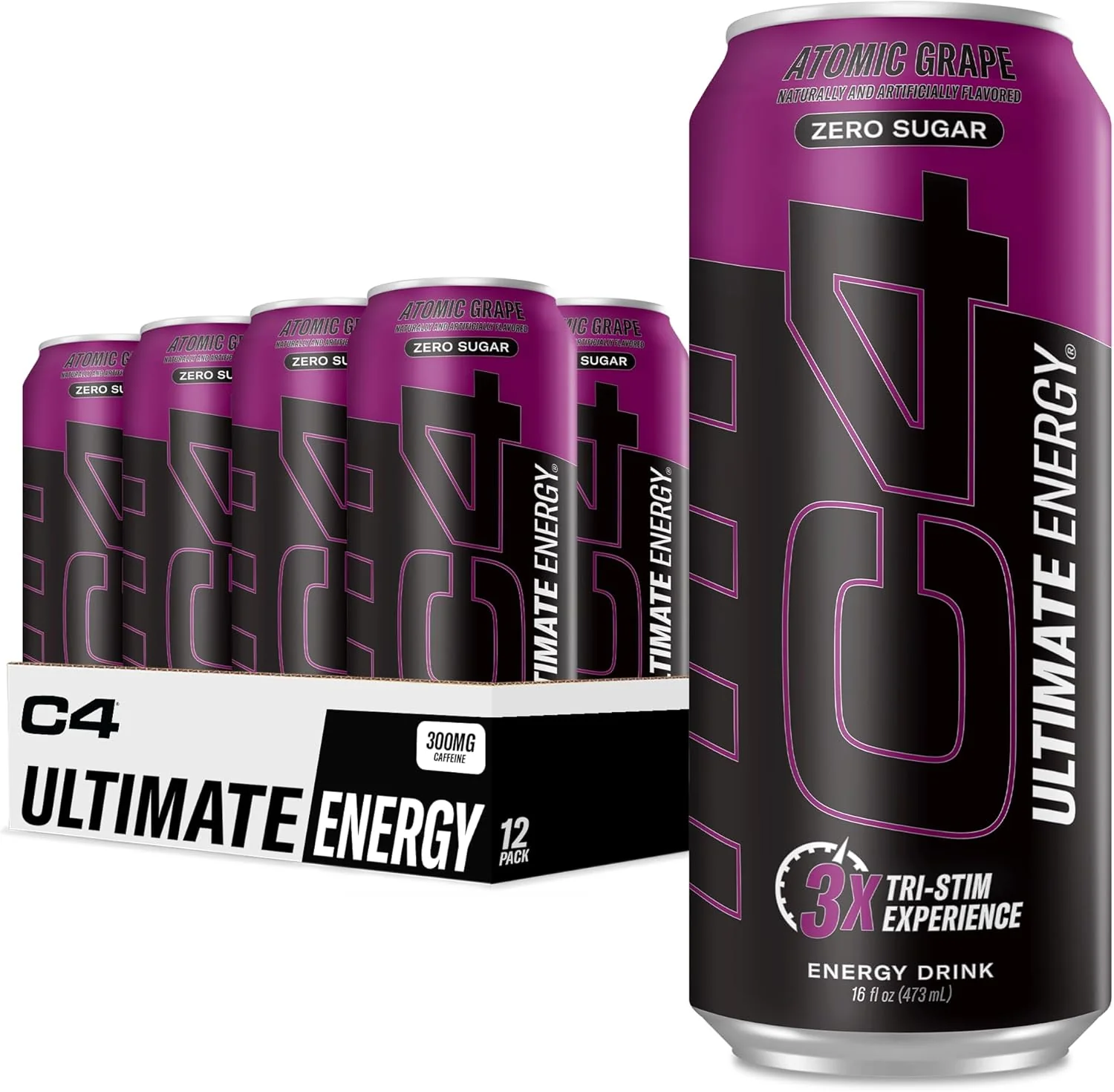 C4 Ultimate Sugar-Free Energy Drink, Atomic Grape, 16oz (Pack of 12)