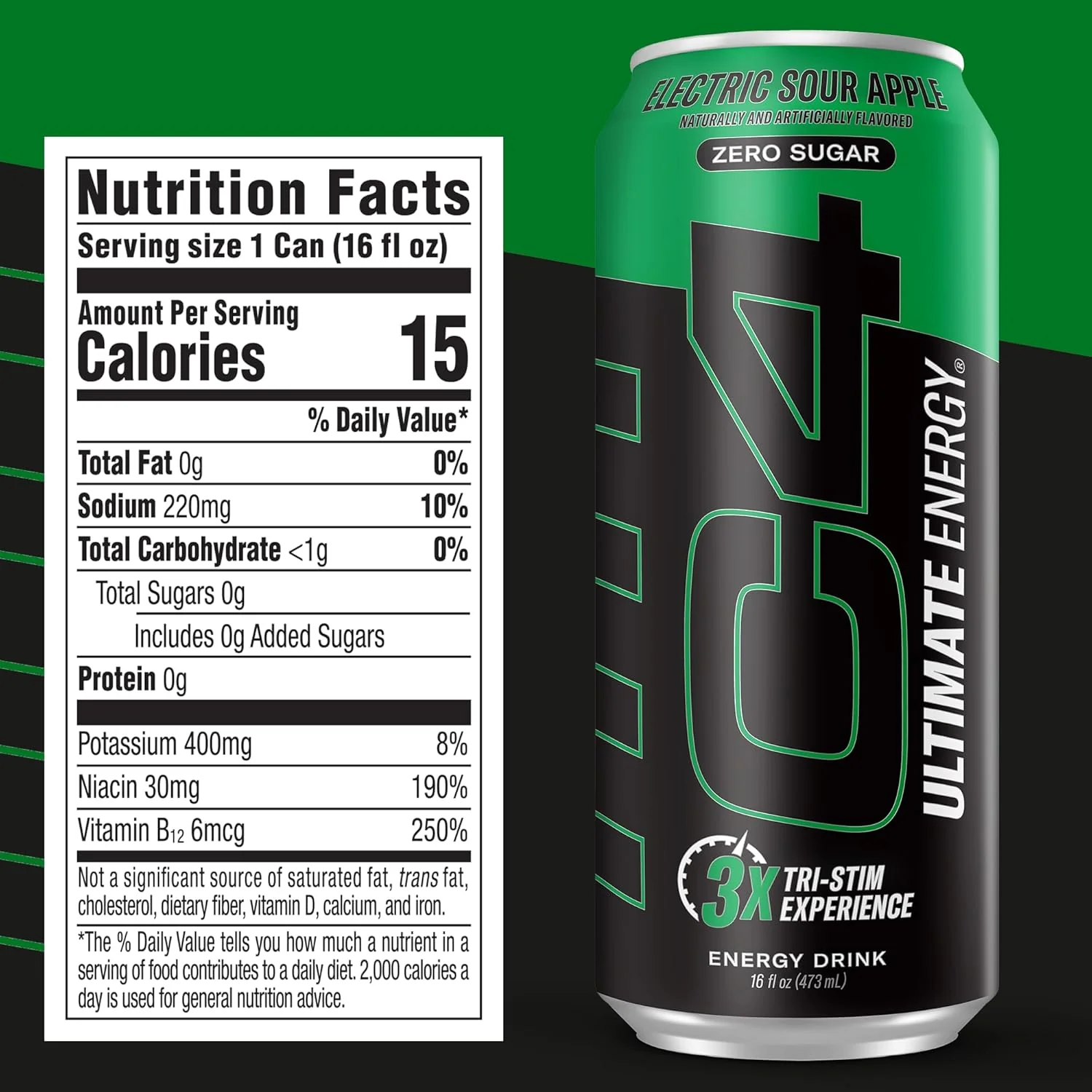 C4 Ultimate Sugar-Free Energy Drink, Electric Sour Apple, 16oz (Pack of 12) - Image 2