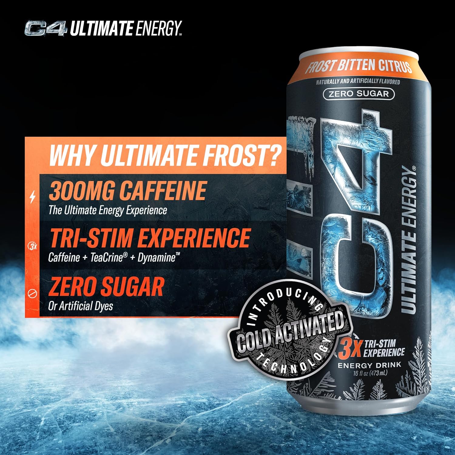 C4 Ultimate Sugar-Free Energy Drink, Frozen Bitten Citrus, 16oz (Pack of 12) - Image 3