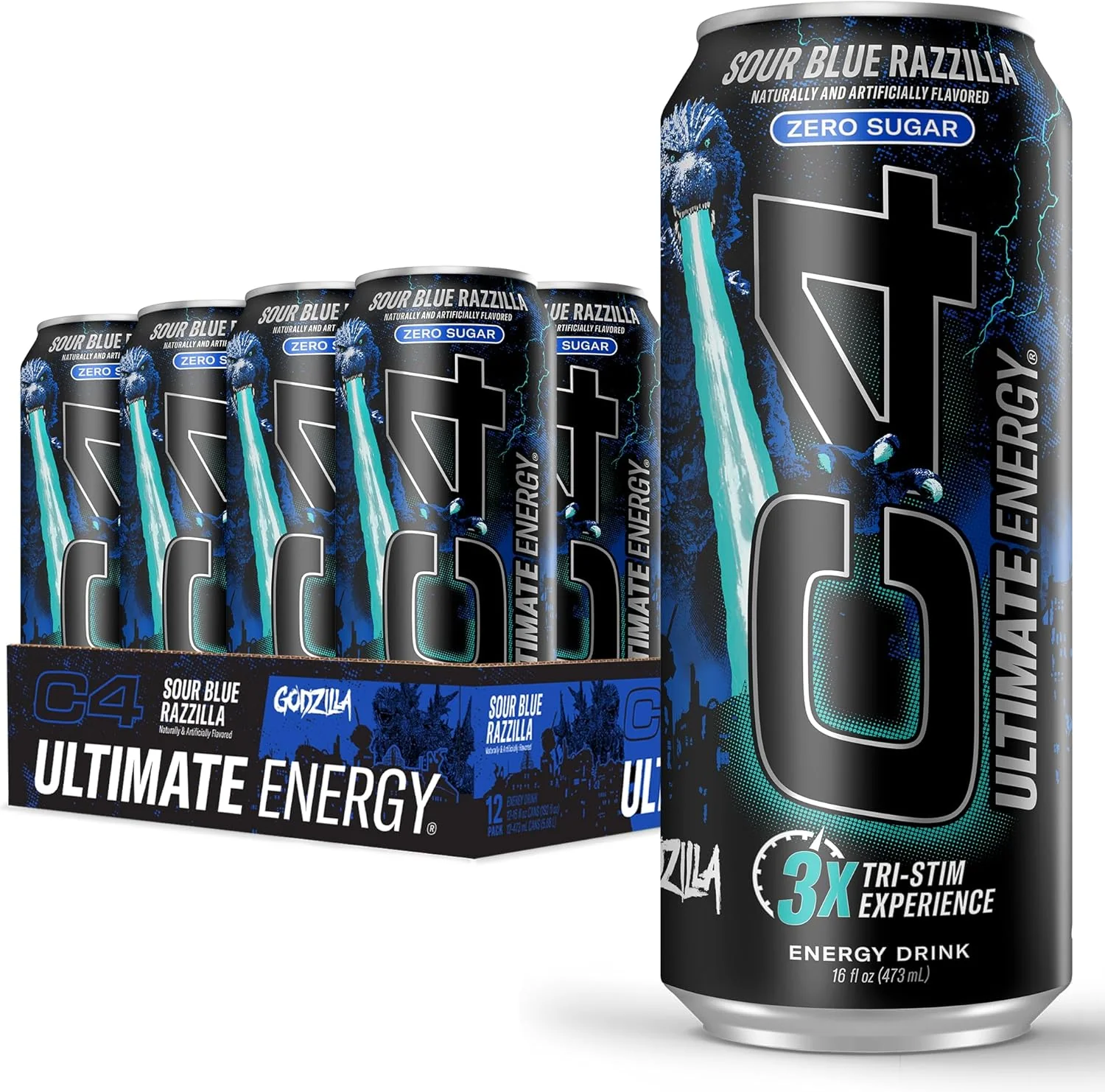 C4 Ultimate Sugar-Free Energy Drink, Sour Blue Razzilla, 16oz (Pack of 12)