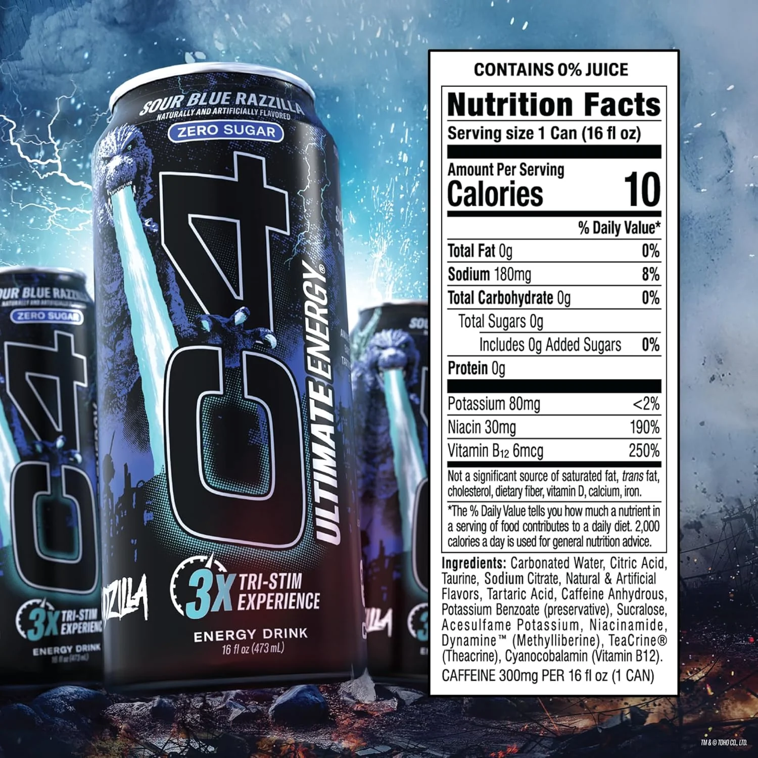C4 Ultimate Sugar-Free Energy Drink, Sour Blue Razzilla, 16oz (Pack of 12) - Image 2