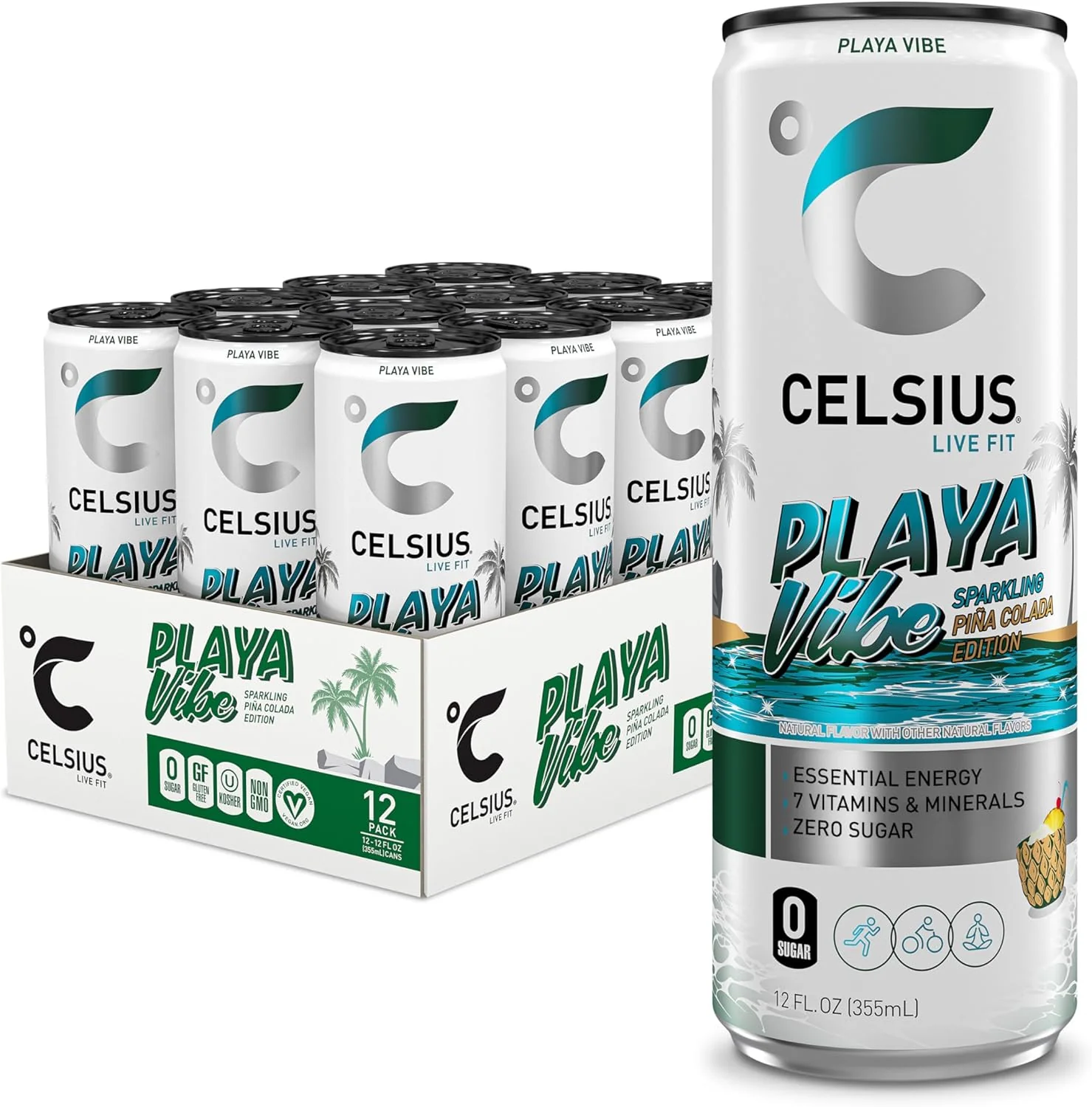 CELSIUS Sparkling Energy Drink, Piña Colada Playa Vibe, 12oz (Pack of 12)