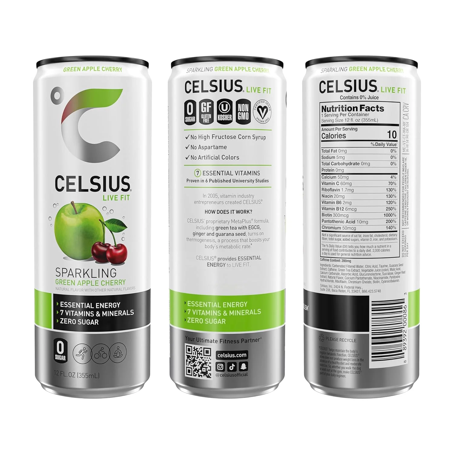 CELSIUS Sparkling Energy Drink, Green Apple Cherry, 12oz (Pack of 12) - Image 3