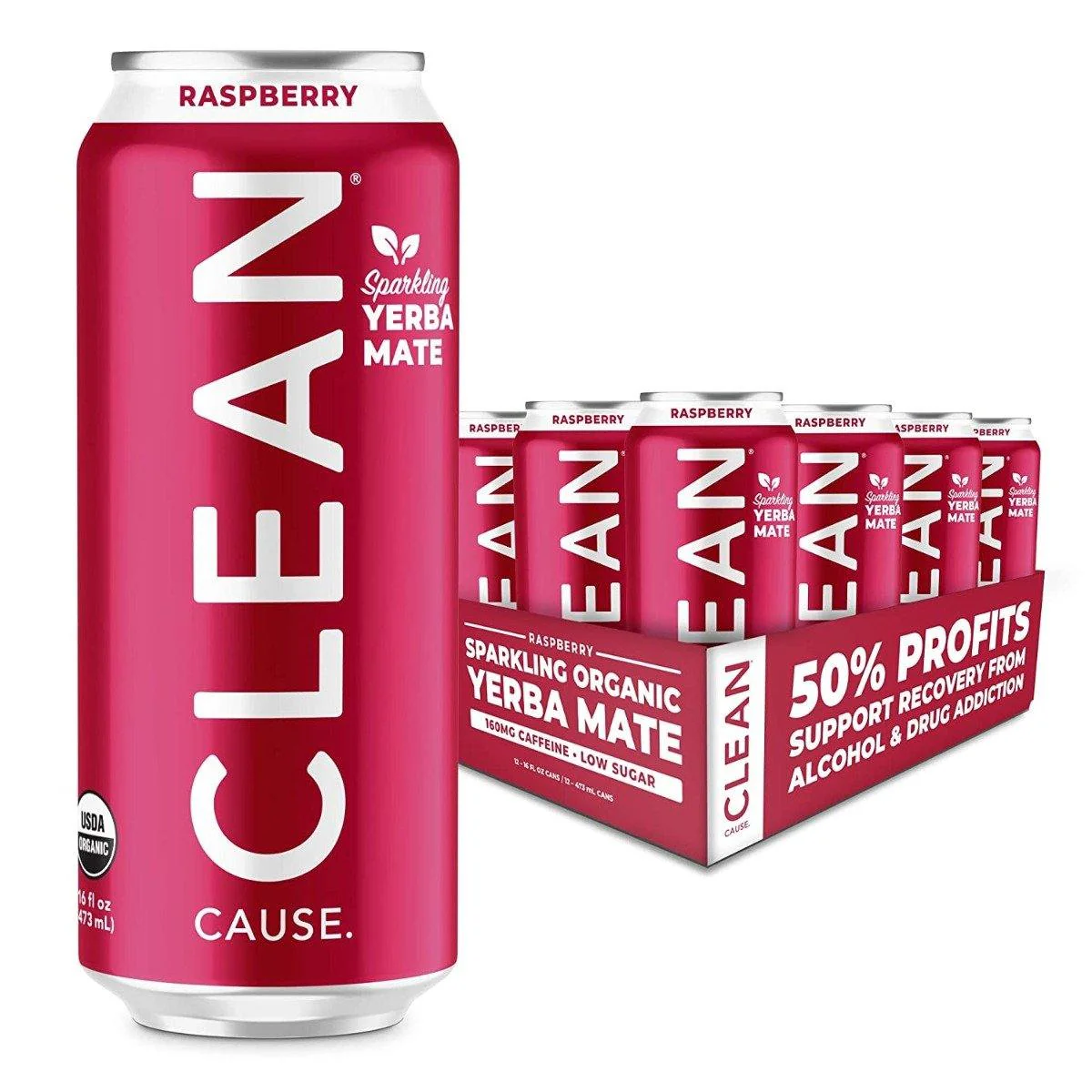 Clean Cause Sparkling Yerba Mate, Raspberry, 16oz (Pack of 12)