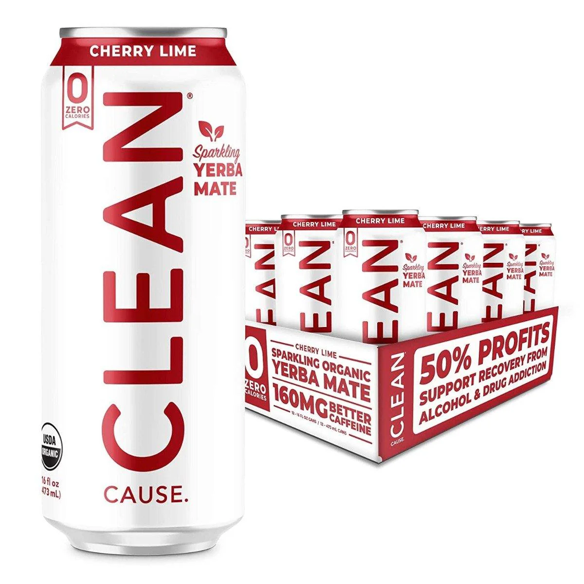 Clean Cause Zero Sparkling Yerba Mate, Cherry Lime, 16oz (Pack of 12)