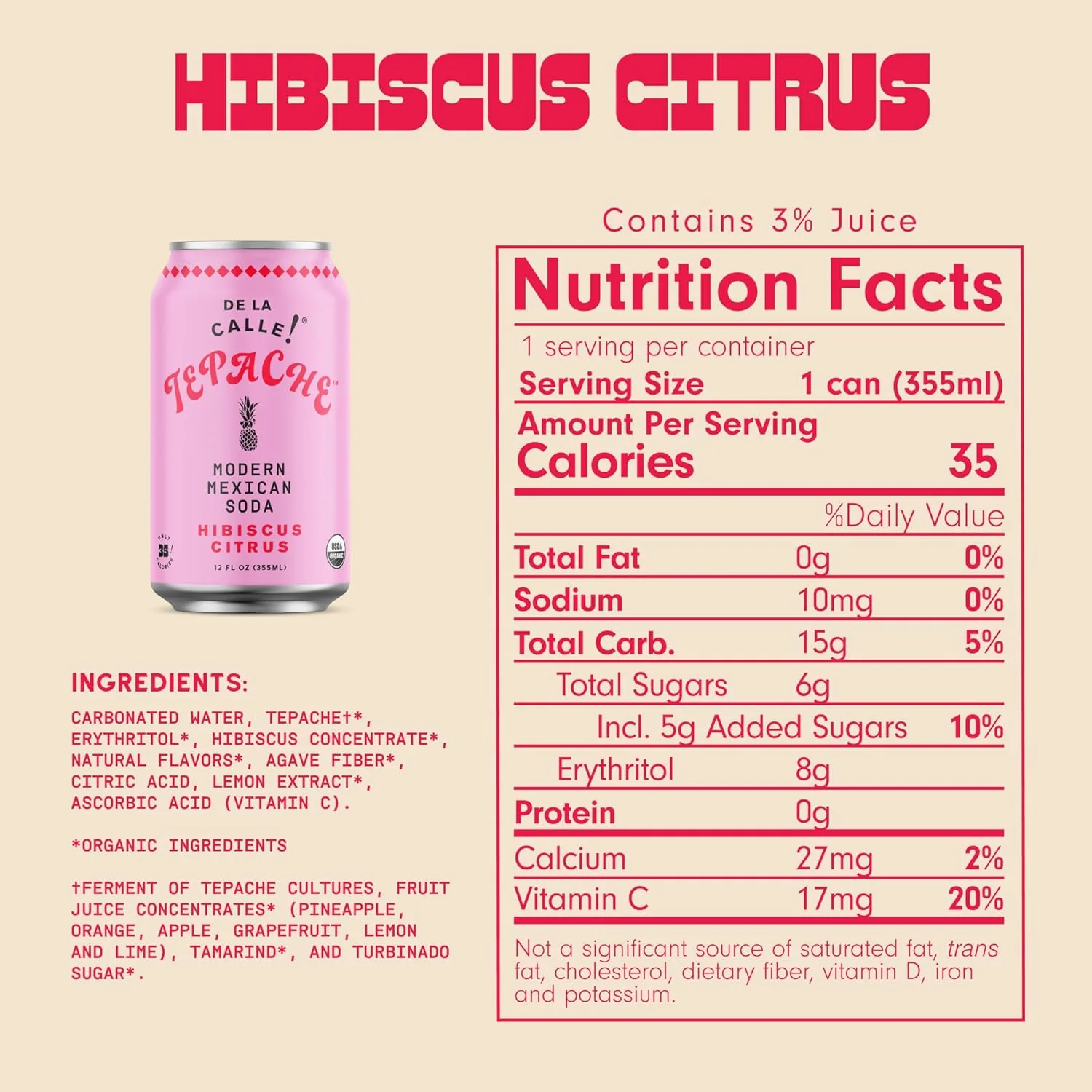 De La Calle Tepache Modern Mexican Soda, Hibiscus Citrus, 12oz (Pack of 12) - Image 2