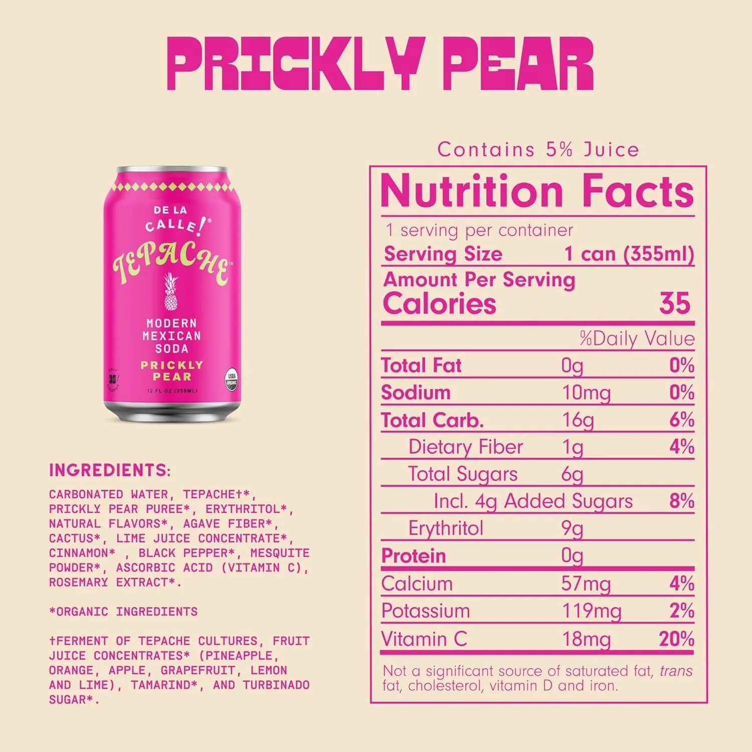 De La Calle Tepache Modern Mexican Soda, Prickly Pear Cactus, 12oz (Pack of 12) - Image 2