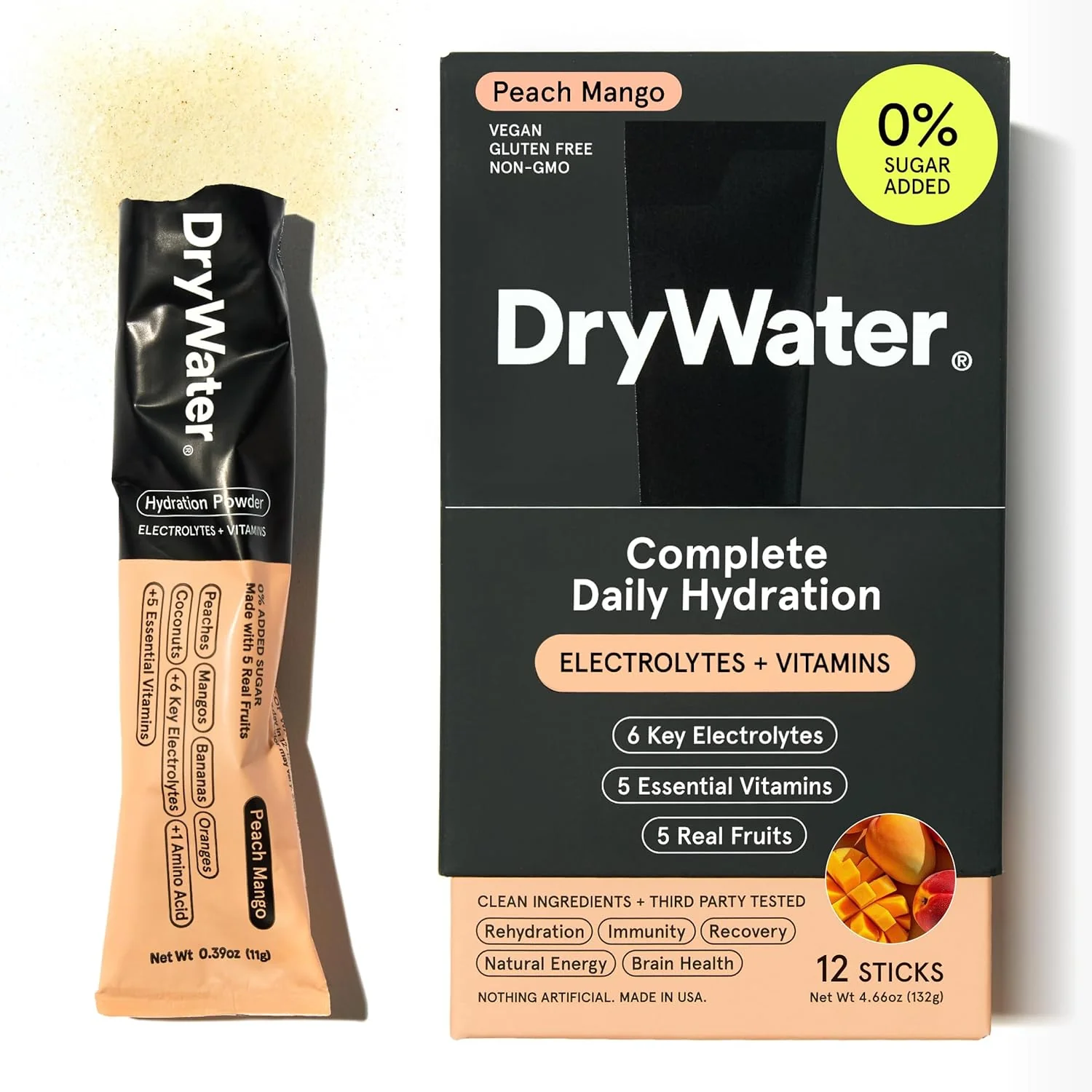 DryWater Electrolyte Powder Packets, Peach Mango, 0.39oz (Pack of 12)