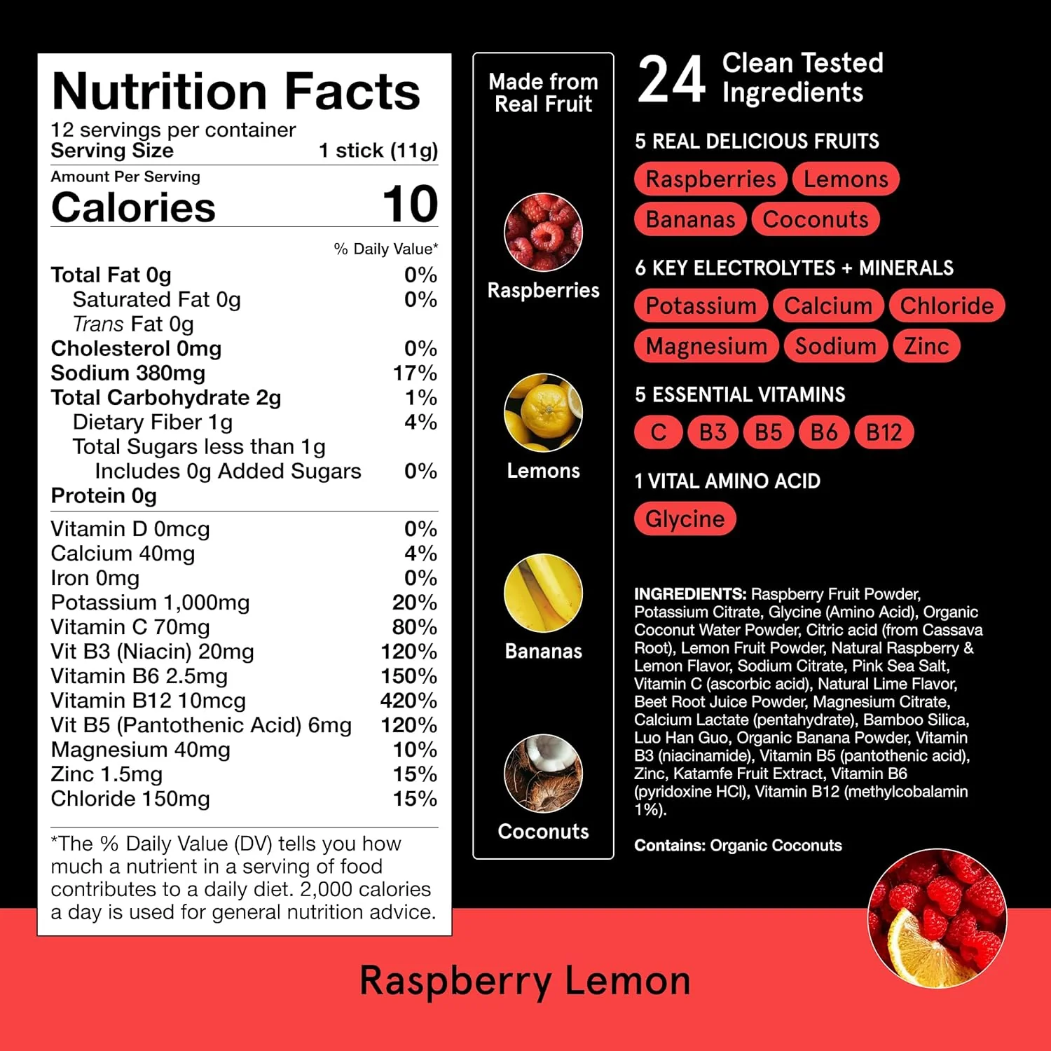 DryWater Electrolyte Powder Packets, Raspberry Lemon, 0.39oz (Pack of 12) - Image 2
