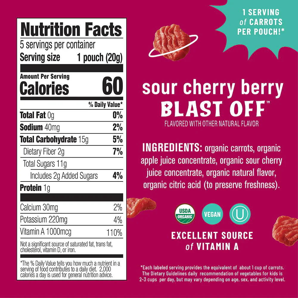 Eat the Change Organic Cosmic Carrot Chews, Sour Cherry Berry, 5 - 0.7oz Pouches (Pack of 10) - Image 2