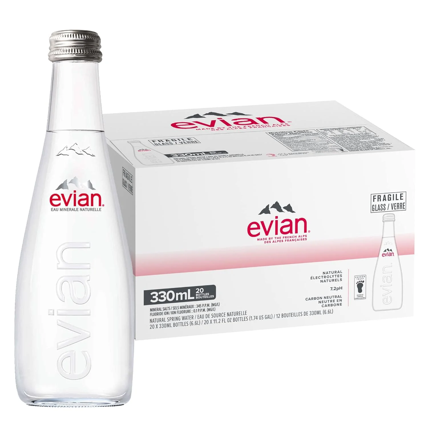 Evian Natural Spring Water, 11.1 Fl Oz Glass Bottles (Pack of 20)