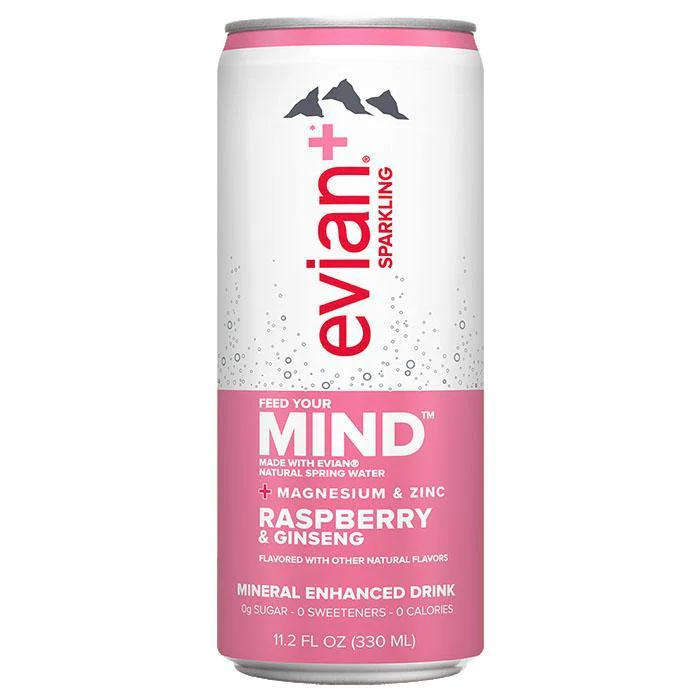 Evian + Sparkling Water Mineral Enhanced, Raspberry + Ginseng, 11.2oz (Pack of 12)