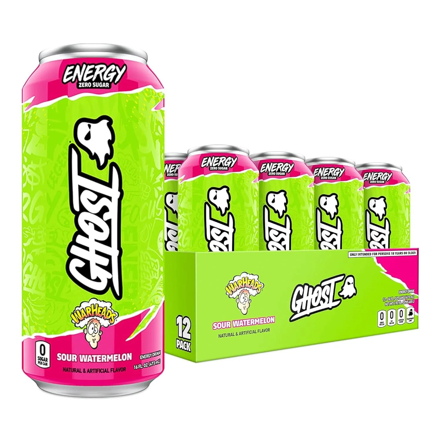 Ghost Energy Drink, WarHeads Sour Watermelon, 16oz (Pack of 12)