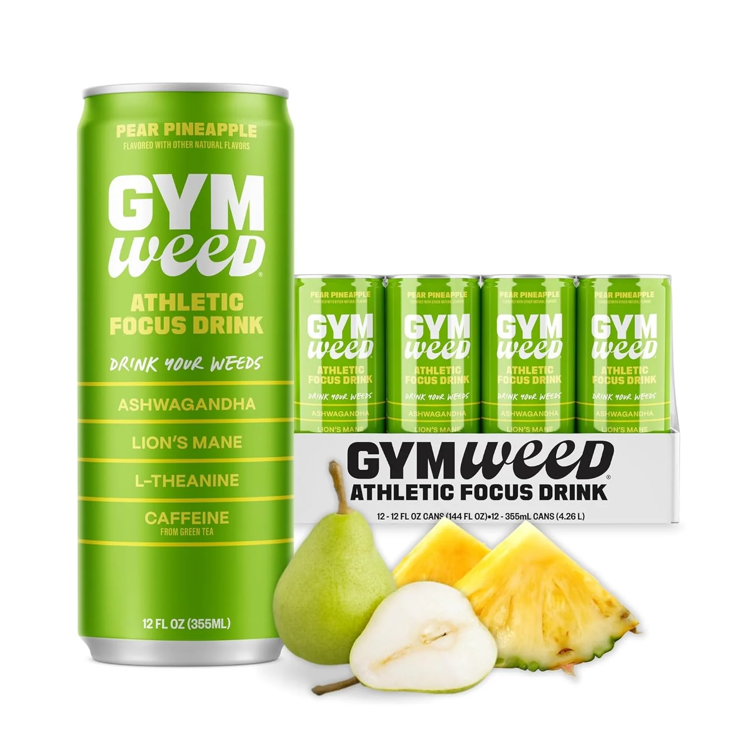 GYM WEED Athletic Focus Drink, Pear Pineapple, 12oz (Pack of 12)