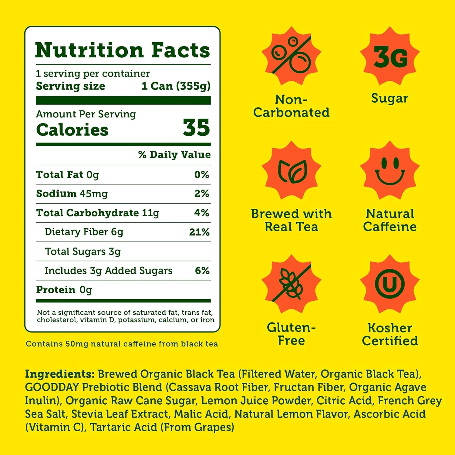 HALFDAY Prebiotic Iced Tea, Lemon, 12oz (Pack of 12) - Image 2