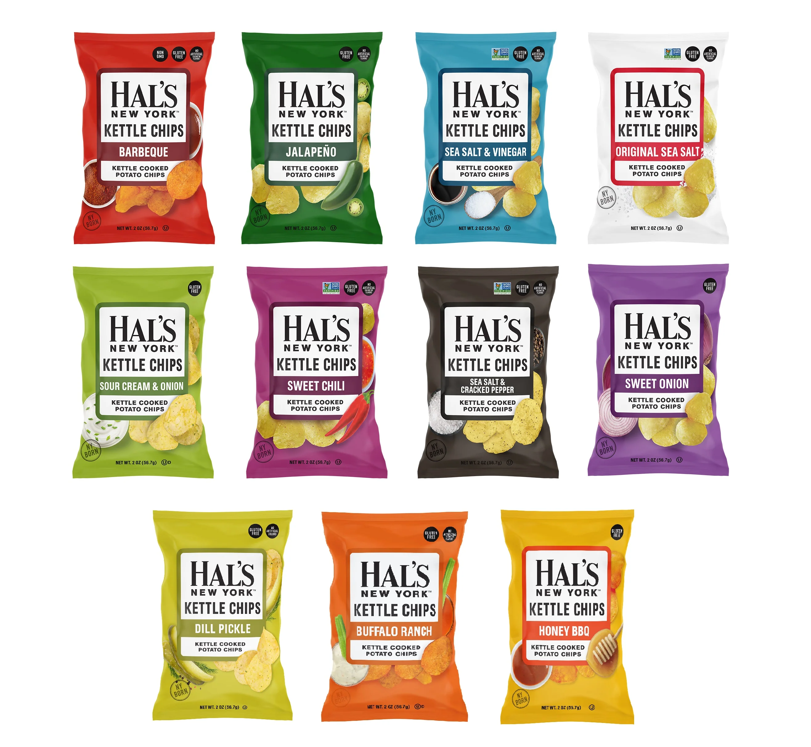 Hal's New York Kettle Cooked Potato Chips, Multi Flavor Variety Pack, 2 oz (Pack of 24)