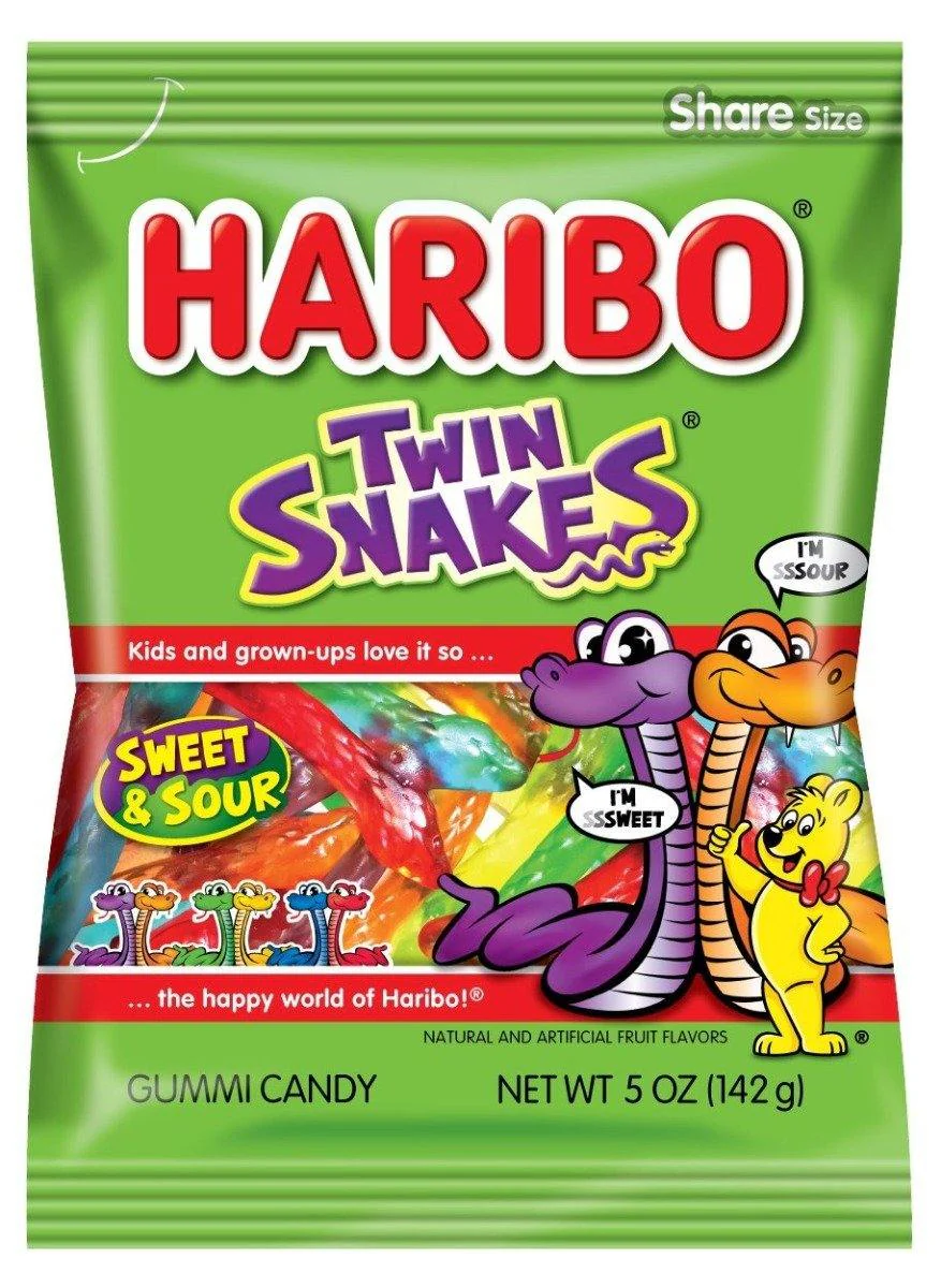 Haribo Gummi Candy, Twin Snakes, 5oz Bags (Pack of 12)