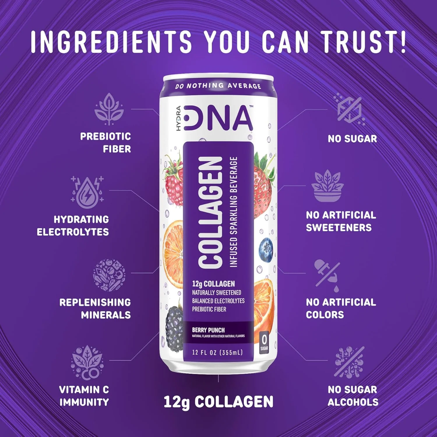 HydraDNA Collagen Infused Sparkling Drink, Berry Punch, 12oz (Pack of 12) - Image 4
