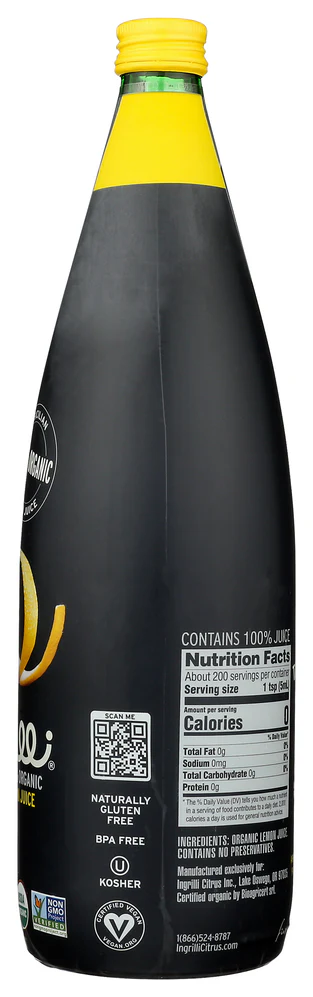 Ingrilli 100% Organic Lemon Juice, 33.8 Fl Oz Glass Bottle - Multi Pack - Image 2