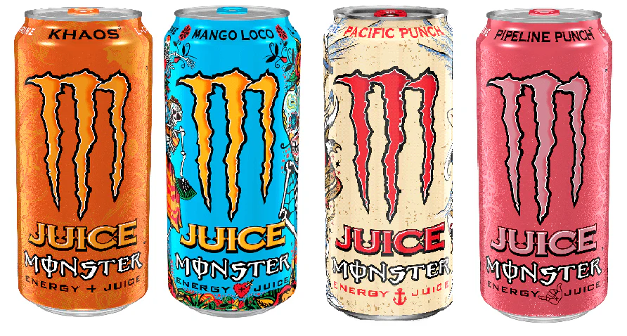 Juice Monster Energy 4 Flavor, Khaos, Pipeline Punch, Pacific Punch, Mango Loco Variety Pack, 16 oz Cans (Pack of 12)