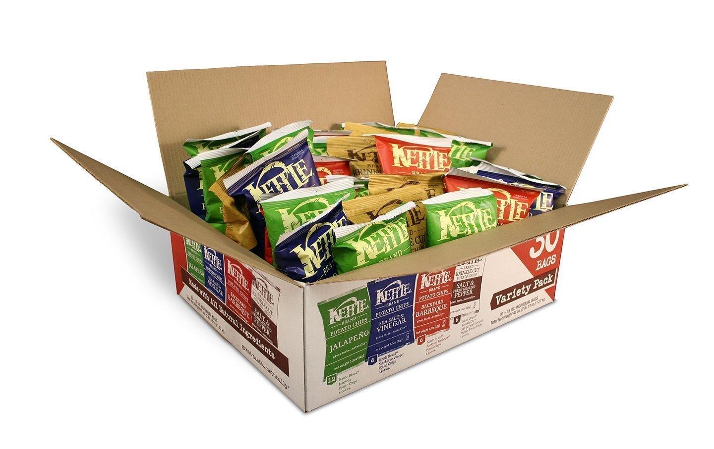 Kettle Brand Potato Chips 4 Flavor Variety Pack, Sea Salt & Vinegar, Salt & Pepper, Backyard Barbeque and Jalapeno, 1.5 oz, 30 Count